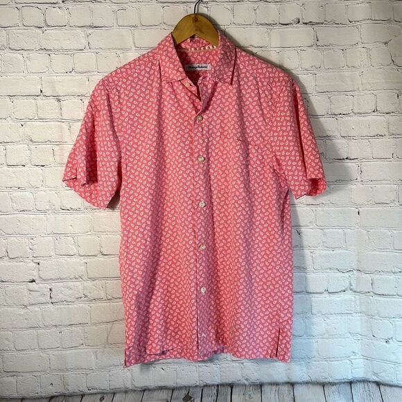 Tommy Bahama Mens Pink White Fish Print  Cotton Short Sleeve Button Down Shirt S - Picture 1 of 9